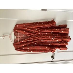 Terracotta Floral Wrap Dress Long Sleeve Ruffle Hem Lightweight Size L